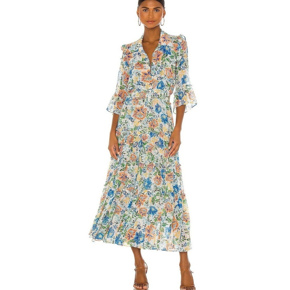 MISA Los Angeles M Pamelina Maxi Dress Blue Oasis Floral Print Ruffled Tiered